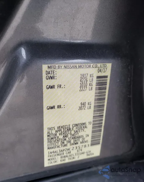 2017 Nissan Altima 2.5 z USA, uszkodzony, nr VIN 1N4AL3AP2HC235783